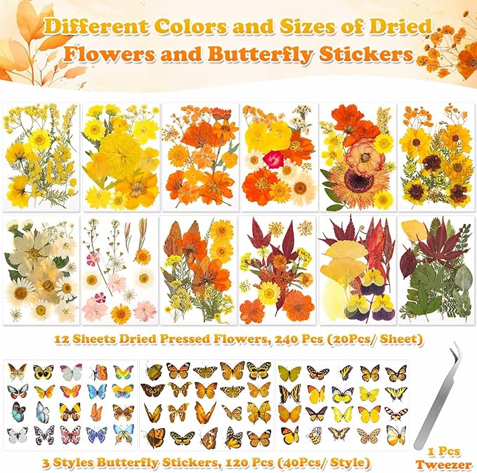 361 Pcs Pressed Dried Flowers with Butterfly Stickers for Crafts, Real Pressed Wildflowers Dry Leaves Bulk with Tweezer for Resin Jewelry Molds, Candle Soap Making, Scrapbook, Bookmark, Nails Decor