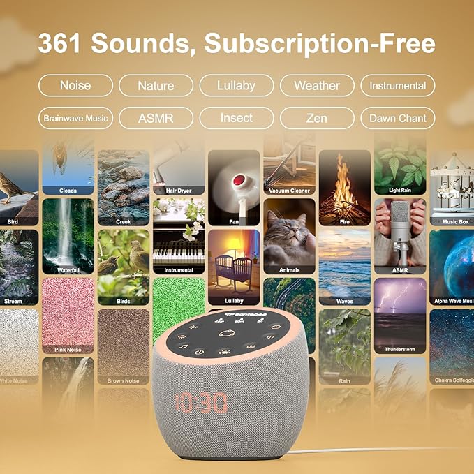 White Noise Sound Machine for Sleeping, 361 Soothing Sounds, Smart APP Control, Custom Buttons, Non Looping Natural Sounds, Bedside Dimmable Clock, Night Light, Santebee for Adults Baby Kids Lullaby