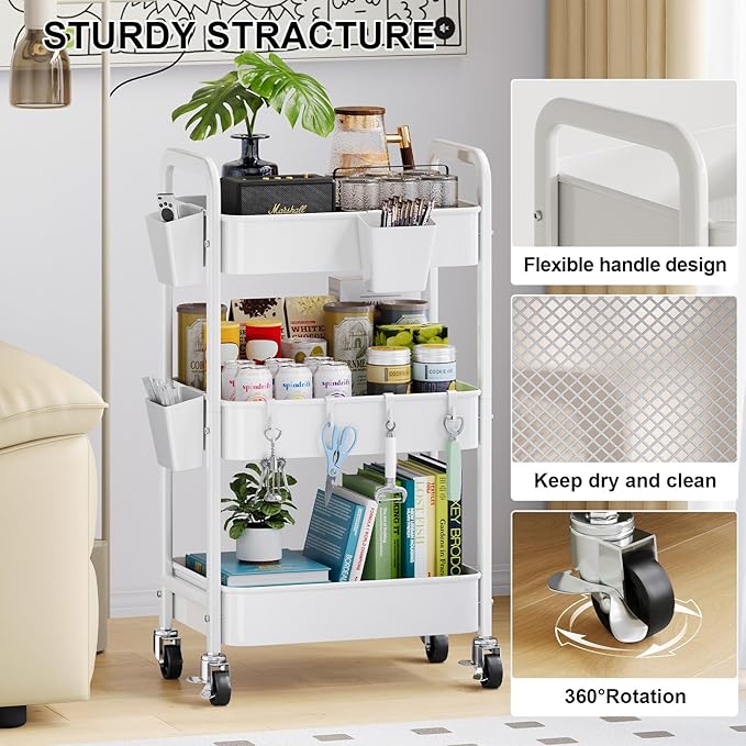 3 Tier Rolling Cart with Wheels, Metal Utility Storage Cart on Wheels, Craft Carts Organizer with Hanging Cups, Hooks, Three Tiered Rolling Carts for Bathroom, Laundry Room, Nursery, Office, White
