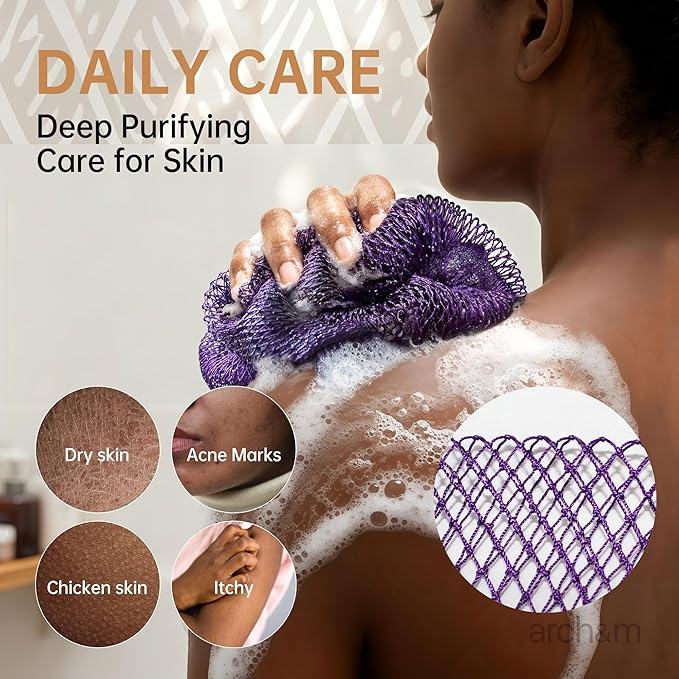 African Net Sponge Afro Scrub - Authentic African Wash Cloths Exfoliating Body Sponges for Showering Back Scrubber Exfoliator Shower Loofah for Body Care Bath Accessories Off White + Sky Blue ARCH&M
