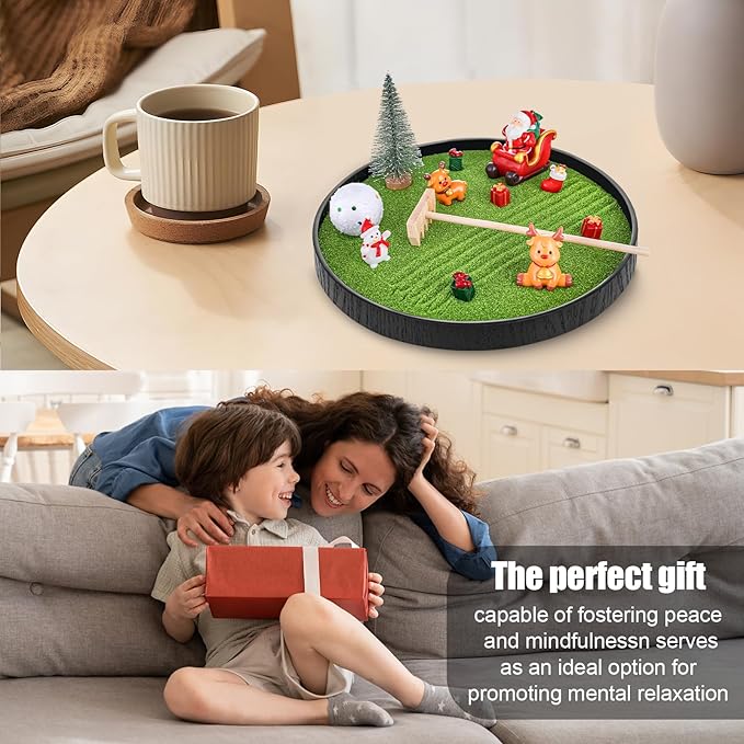 Christmas Zen Garden Kit for Desk 8.2''Round Mini Zen Garden with Accessories, Desktop Christmas Decor Sand Tray, Ideal Holiday Decoration Gifts for Family and Friend