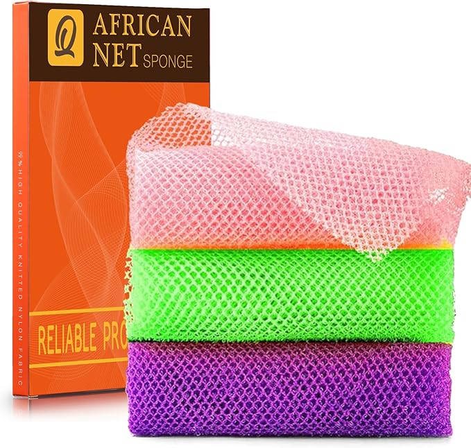 UJFQBH 3 Pieces African Bath Sponge African Net Long Net Bath Sponge Exfoliating Shower Body Scrubber Back Scrubber Skin Smoother,Great for Daily Use (Purple, Pink,Green)