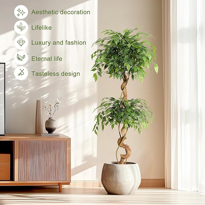 GarveeHome Ficus Artificial Tree with Curved Trunk,5 ft Faux Plant Fake Silk Trees with White Pot, Fake Ficus Tree for Home Decor, Artificial Plants Indoor for Office Living Room