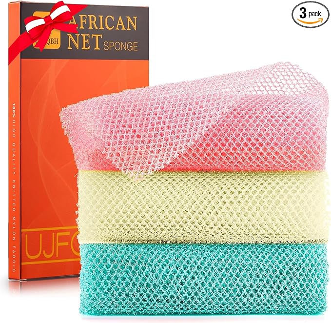 UJFQBH 3 Pieces African Net Sponge, African exfoliating net African Net Long Net Bath Sponge Exfoliating Shower Body Scrubber Back Scrubber Skin Smoother(Pink, Green, Off-White)