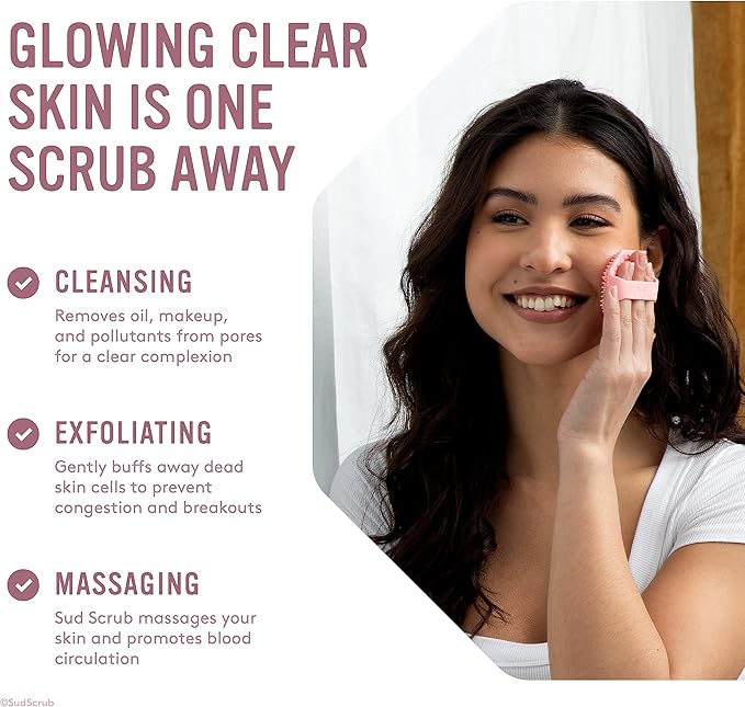 Sud Scrub® Antimicrobial Silicone Face Scrubber, 1 Pack, Gentle Face Exfoliator for Sensitive Skin, Eco Friendly Facial Cleansing Brush, Exfoliating Face Brush for Men and Women (Pink)