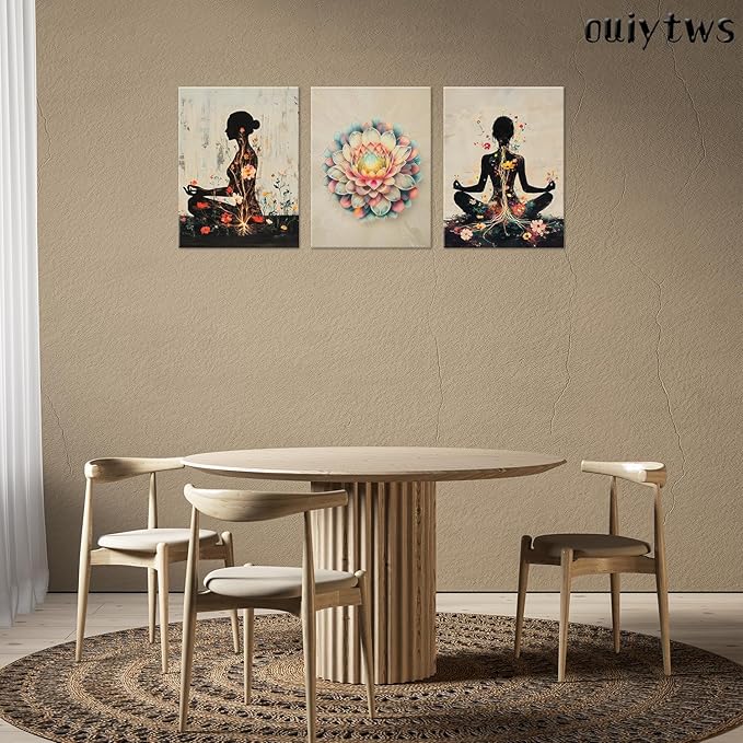 Yoga and Flower themed Meditation Wall Art Set of 3, Spiritual Meditation Women's Match with Flower and Lotus Patterns Canvas Poster Prints Painting,for Yoga Meditation Room,Bedroom,Framed 12X16in