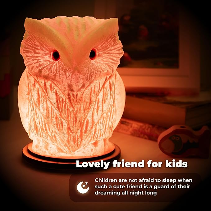 Owl Crystal Salt Lamp H 6.7โ, 4.4 lbs - Pure Natural Rock Salt โ Unique Night Light Lamp - 1 Light Bulb as a Gift - Wooden Present Box - Holiday Gift Ideas - Cool Room Dรฉcor