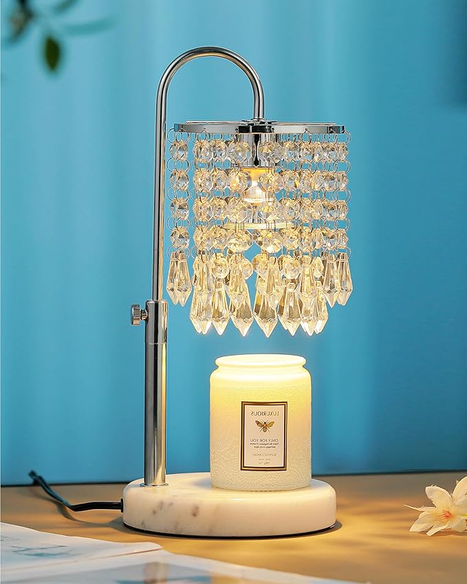 Candle Warmer Lamp with Timer Dimmer and 3 Bulbs, Candle Lamp Warmer with Marble Base for Adjustable Height, Crystal Candle Lamp for Jar Candles, House Warming Gifts Home Room Decor, Silver
