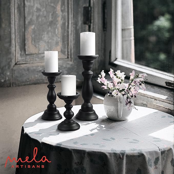 Mela Artisans Matte Black Hand Carved Wooden Pillar Candle Holders - Set of 3 | Tuli Decorative Style | Crafted from Mango Wood | Rustic Table Centerpiece Decor | Sized 6", 9" and 12"