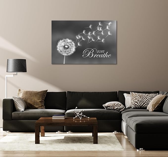 SKASNFAI Black and White Dandelion Zen Wall Art Canvas Just Breathe Motivation Positive Picture Art Print for Spa Yoga Meditation Wall Decor Ready to Hang (28L x 44W)