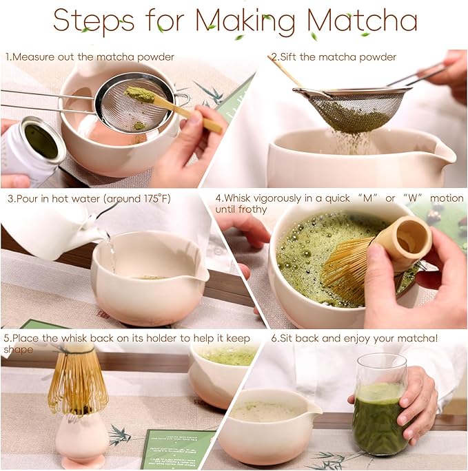 Matcha Whisk Set, Ceramic Matcha Set Includes Bowl & Holder, Bamboo Whisk (Chasen), Scoop, Spoon and Sifter, 6PCS Matcha Kit Covers Everything Needed for Making Matcha (Pink)