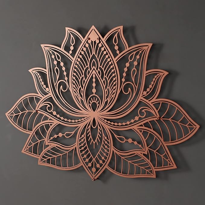Colorfull Worlds Mandala Metal Wall Decor, Lotus Flower Meditation Room Decor, Minimalist Zen Garden Bohemian Gift for New Year (17" x 11" | 43 x 27.5 cm, Copper)