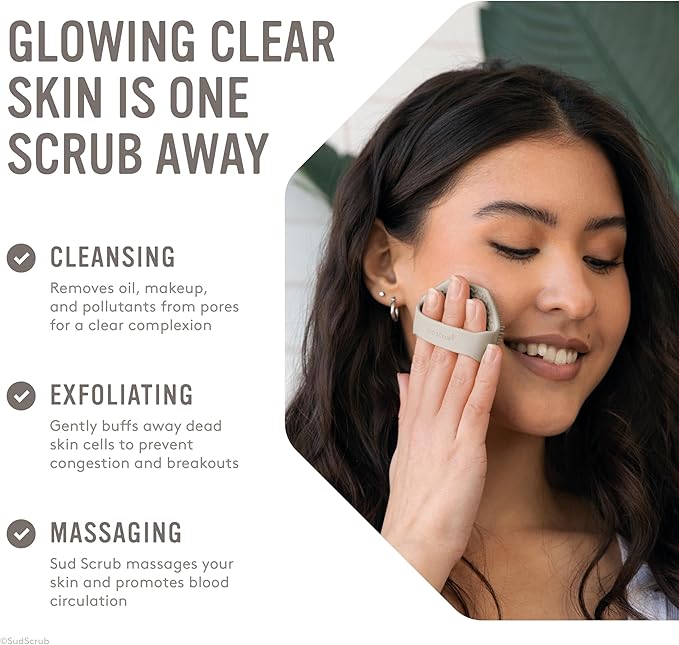 Sud Scrub® Antimicrobial Silicone Face Scrubber, 1 Pack, Gentle Face Exfoliator for Sensitive Skin, Eco Friendly Facial Cleansing Brush, Exfoliating Face Brush for Men and Women (Clay)