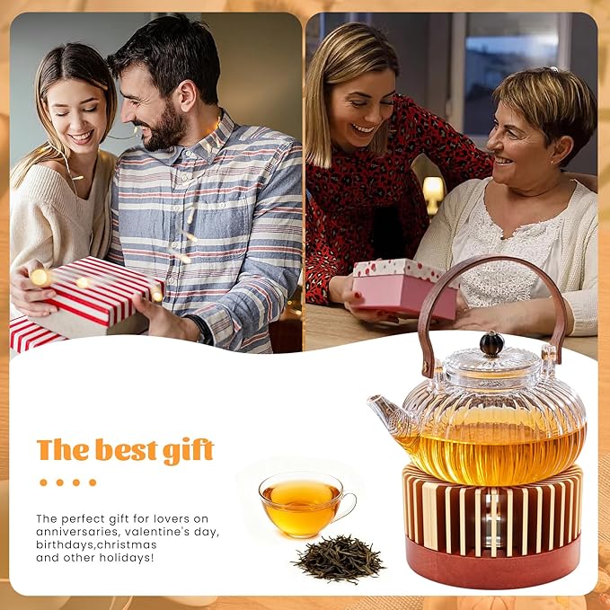 Inmorven Teapot Warmer, Aluminum Tea Warmer with Wooden Base, Candle Heater for Heating Tea, Coffee, Milk, Food,Camping and Traveling, Suitable for All Teapots