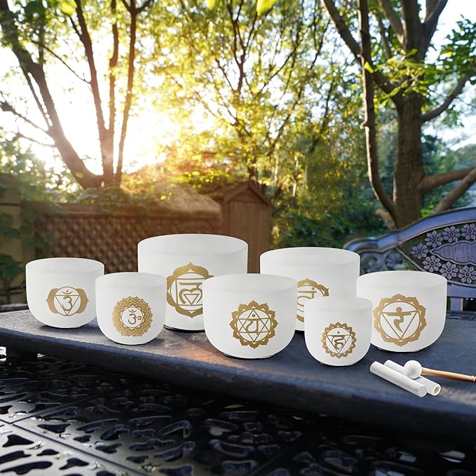 RYAN DVAN 432 hz 7-12 Inch Set of 7 Gold Chakra Design Quartz Crystal Singing Bowl Chakra Set with Free 2 pcs Carrying Case
