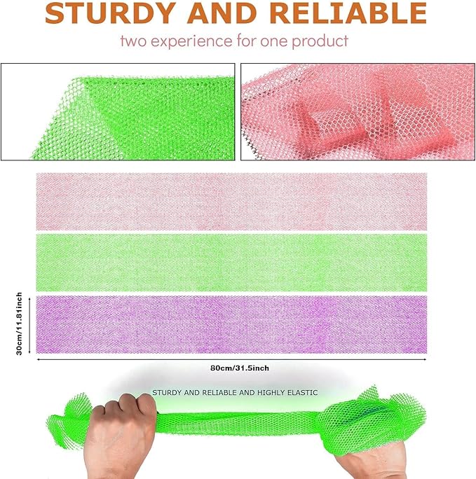 UJFQBH 3 Pieces African Bath Sponge African Net Long Net Bath Sponge Exfoliating Shower Body Scrubber Back Scrubber Skin Smoother,Great for Daily Use (Purple, Pink,Green)