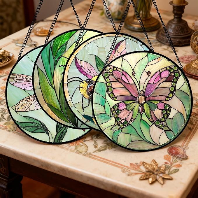 Stained Glass Window Hanging 4 Pcs Set Pink Green Insect Theme 9.8" - Butterfly Suncatcher Door Garden Sun Catcher Decor Birthday Christmas for Mom Woman Nana Men