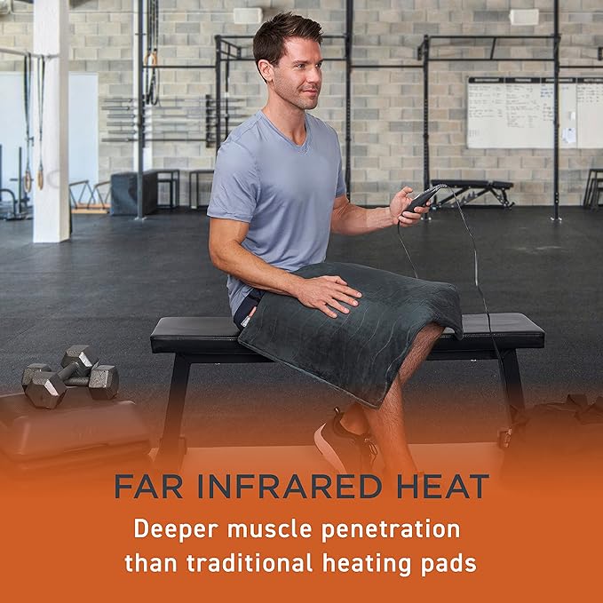 Pure Enrichment PureRelief Pro Far Infrared Ultra-Wide Heating Pad - Muscle Relief for Back, Neck, Shoulder, & Knee Pain in Athletes, 4 Heat Settings, Dry/Moist Heat, 20” x 24” Wide Size (Iron Gray)