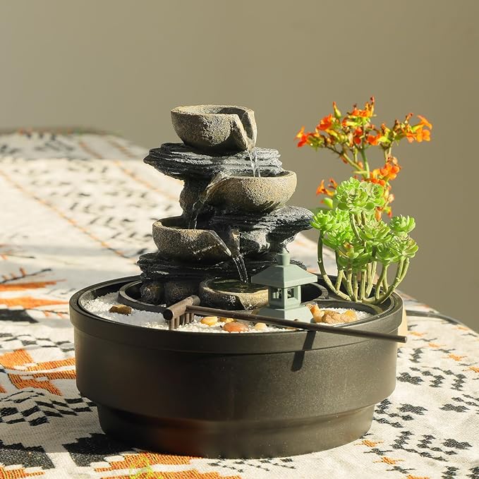 Indoor Tabletop Water Fountain with LED Lights & Pagoda, 4-Tier Rock Cascading Design, Artificial Flowers, White Stones and Rake, Zen Decor for Office/Living Room/Bedroom/Study (8.5" H)