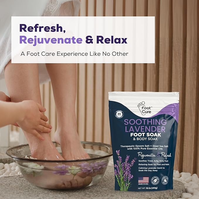 FOOT CURE Soothing Lavender Foot Spa with Epsom Salt Bath Soak – Pedicure Foot Soak Tub & Feet Massager Spa – Relaxing Scrubber & Dead Skin Remover – Ionic Foot Bath Detox for Feet Care (Pack of 1)