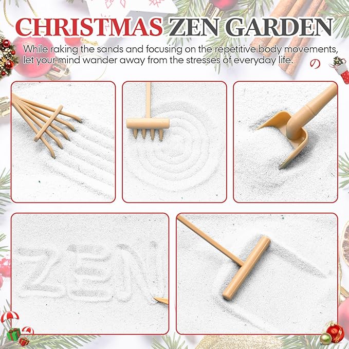 Soulchen Zen Garden Kit for Desk Decor Christmas Sand Zen Garden Gifts Mini Sandbox Set with Black Wooden Tray, Sand, Tools & Accessories Japanese Gifts for Meditation Room Office Home(Christmas)