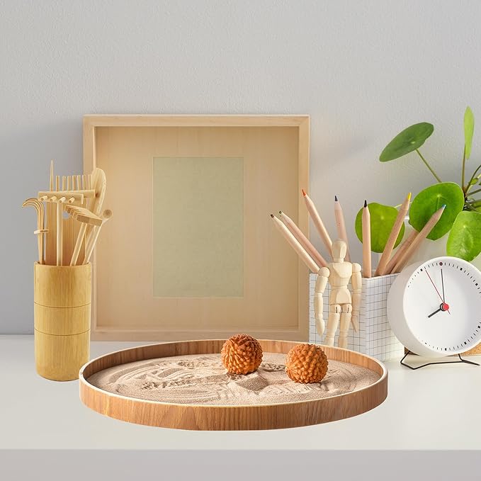 Japanese Zen Garden for Desk, Dorhui Sand Tray Therapy Kit Meditation Gifts - 12”Large Round Bamboo Tray, 7Pcs Mini Zen Garden Rake Kit, Stamp Spheres for Home, Office, and Classroom