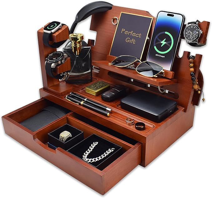 Nightstand Organizer for Men with Large Drawer, Birthday Gifts for Men, Phone Docking Station, Bedside Organizer for Nightstand for Apple Watch, Laptop (Walnut, Solid Wood)