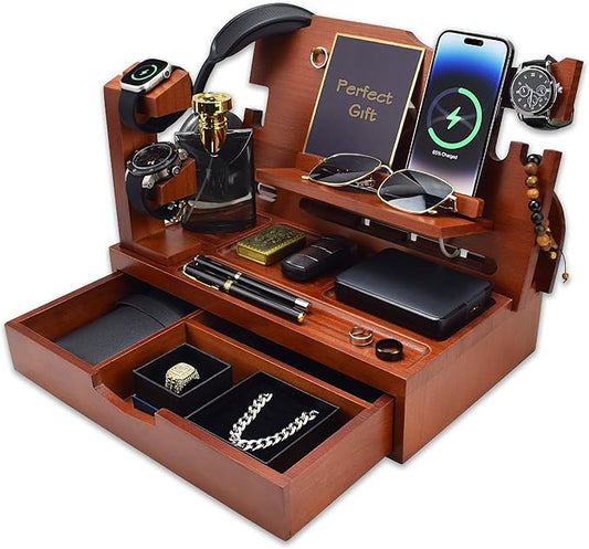 Nightstand Organizer for Men with Large Drawer, Birthday Gifts for Men, Phone Docking Station, Bedside Organizer for Nightstand for Apple Watch, Laptop (Walnut, Solid Wood)