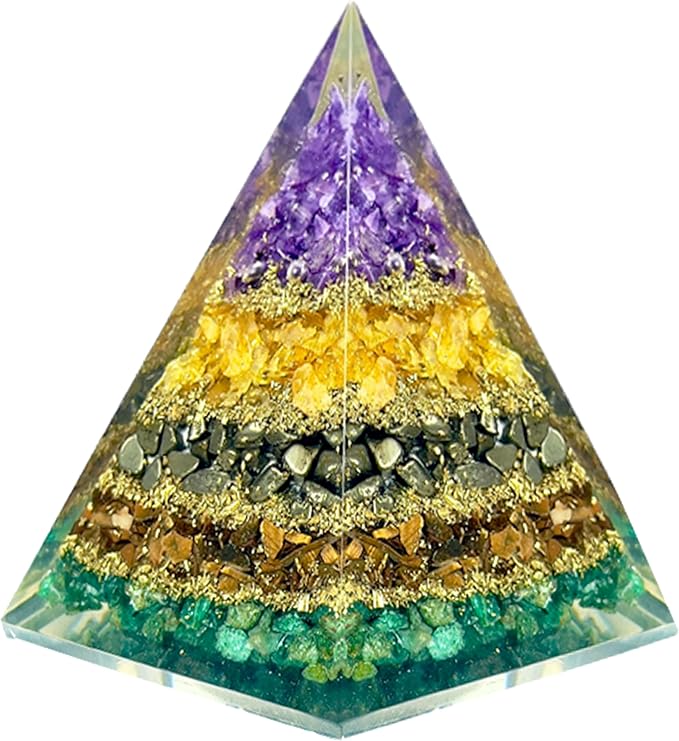 Money Magnet Pyramid with Amethyst, Citrine, Pyrite & Tiger Eye Stones โ Crystal Healing Pyramid for Wealth, Abundance, Positive Energy, Reiki, Meditation & Home Dรฉcor