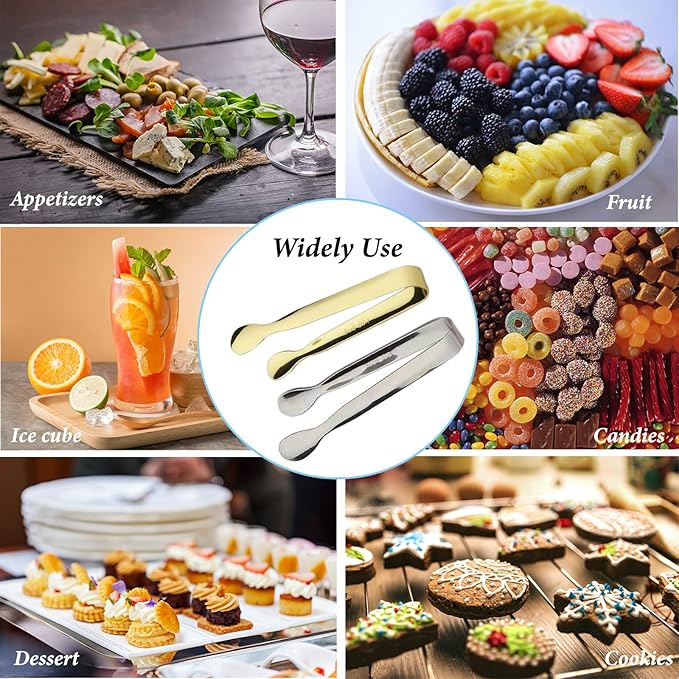 6PCS Ice Tongs Mini Sugar Tongs 4.25Inch Tong for Serving Food Small Serving Tong, Kitchen Tong for Appetizers,Tea Party, Coffee Bar, Desserts by Sunenlyst (Silver and Gold)