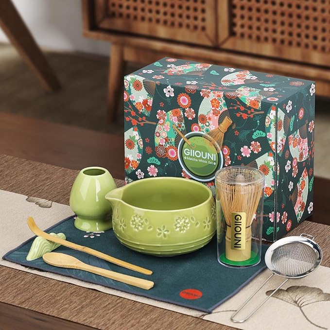 Matcha Whisk Set, Ceramic Bowl with Spout, Bamboo Matcha Whisk & Spoon, Chasen Holder, Scoop Rest, Sifter, 8-Pcs Japanese Matcha Powder Kit–Gift for Ceremony & Matcha Lovers-Matcha Green
