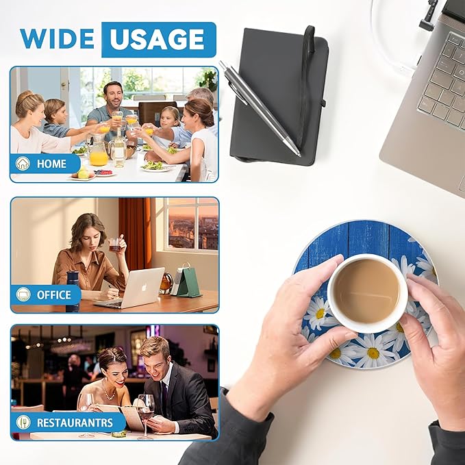 Blue Daisy Wood Round 4" Cup Coasters Set of 4, Absorbent Ceramic Stone Coasters with Cork Base, Ideal Home Decor Gifts for Women Men