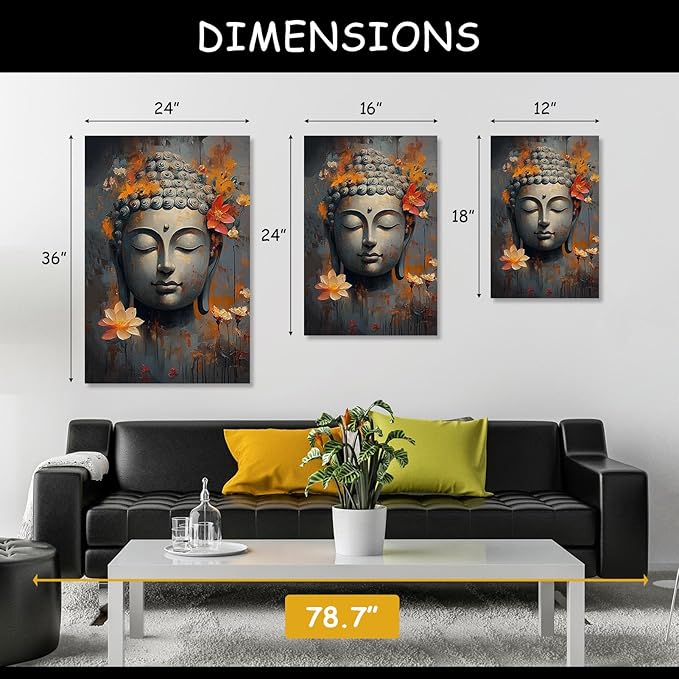 Findbeauty Buddha Canvas Wall Art, Floral Buddha Canvas Print, Zen Meditation Wall Decor, 3 Pcs Buddhist Pictures, Inspirational Wall Decor, Spiritual Wall Art for Living Room (12" x 18" x 3 pcs)