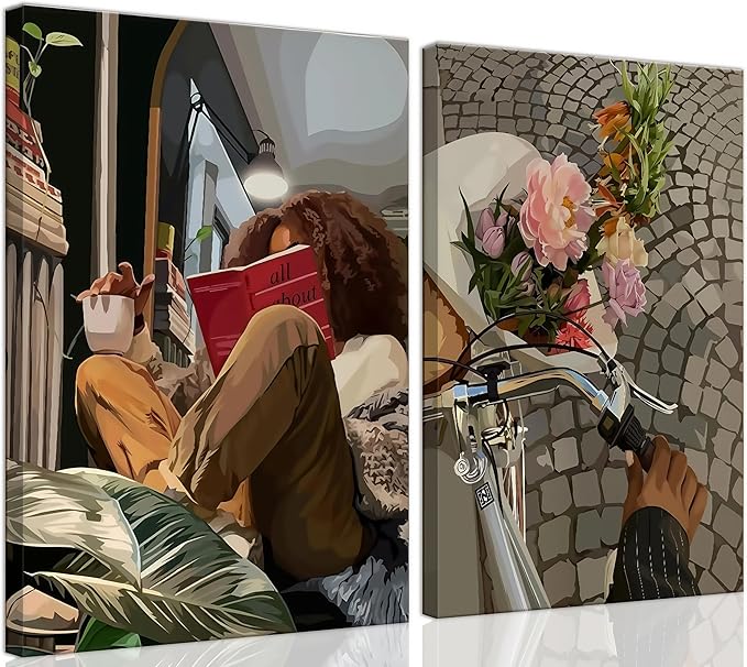 Modern African American Women Wall Art Set of 2,Cozy Reading & Bike Ride with Flowers Painting Canvas Prints,black woman Vintage Aesthetic Poster for Living Room, Bedroom, Office, Framed 16X24in