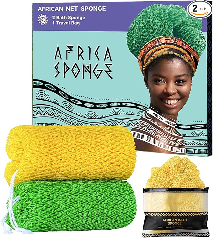 African Net Sponge with Knots - 2 Pieces Exfoliating Body Scrubber Bath Sponge - Back Scrubber Washcloth for Shower - Real African Scrub Exfoliator Body Care for Women