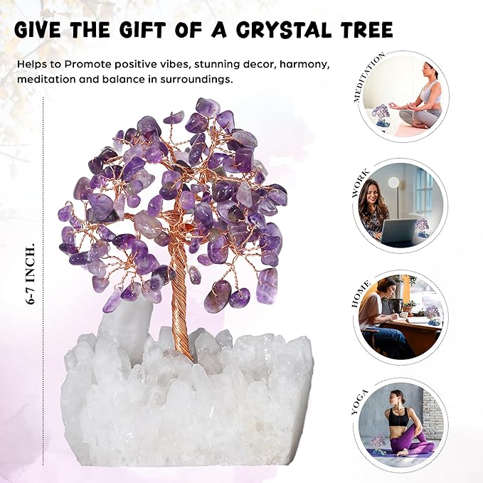 Amethyst Crystal Tree of Life with White Aura Base โ Gemstone Tree for Shelf & Home Bedroom Decor โ Crystals and Healing Stones, Cute Purple Birthday Gifts & Housewarming Gifts for Women Mom Sister