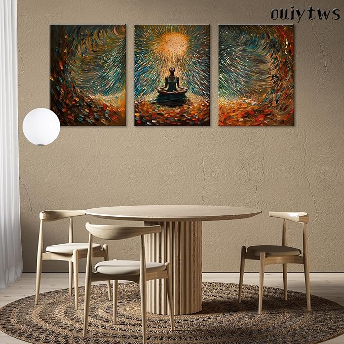 Framed Abstract Yoga&Meditation Wall Art Set of 3Piece Canvas Poster Prints Painting, Vibrant Colorful Energy Flow, Tranquil Woman in Meditation for Home, Yoga Meditation Room,Office,Bedroom,12X16in