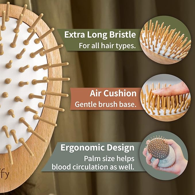 Uffy Acubrusher – Bamboo Bristle Gua Sha Hair Brush - Ergonomic Scalp Massager for Dandruff & Hair Growth, Suitable for All Hair Types - Ideal Gift Choice in Beech Wood