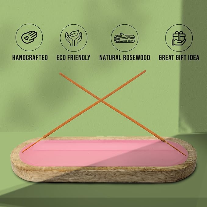 Hand Painted Pink Incense Holder-Incense Burner/Ash Catcher/Handmade Wooden Insence Tray – Modern Gift Home/Room/Kitchen Décor Size 11x4x1.2 Inches