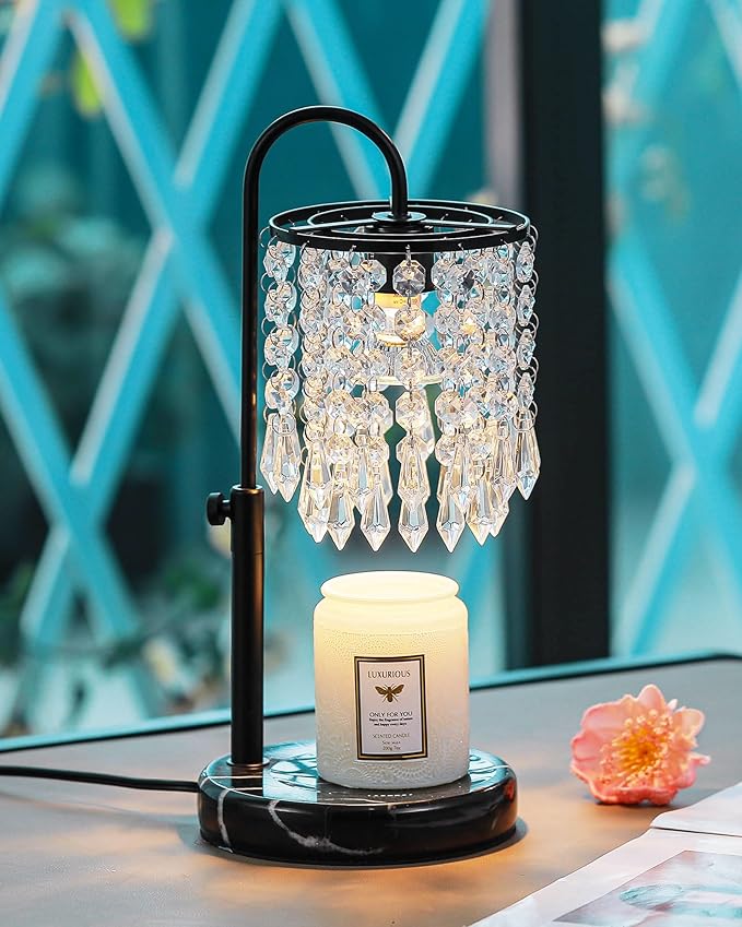 Candle Warmer Lamp with Timer Dimmer and 3 Bulbs, Candle Lamp Warmer with Marble Base for Adjustable Height, Crystal Candle Lamp for Jar Candles, House Warming Gifts Home Room Decor, Black