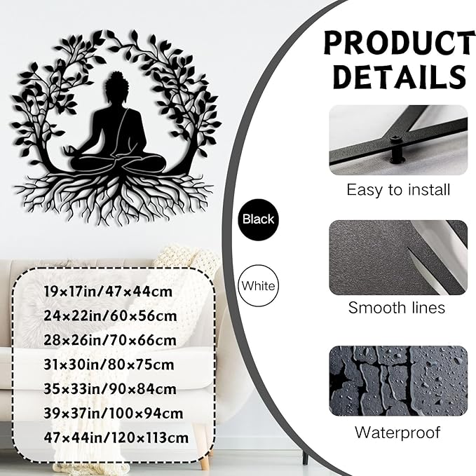 ENJOYOO Tree of Life and Buddha Metal Wall Decor, Tree of Life Wall Art, Buddha Metal Wall Art for Living Room, Bedroom, Outdoor (White, 24×22in/60×56cm, metal wall art)