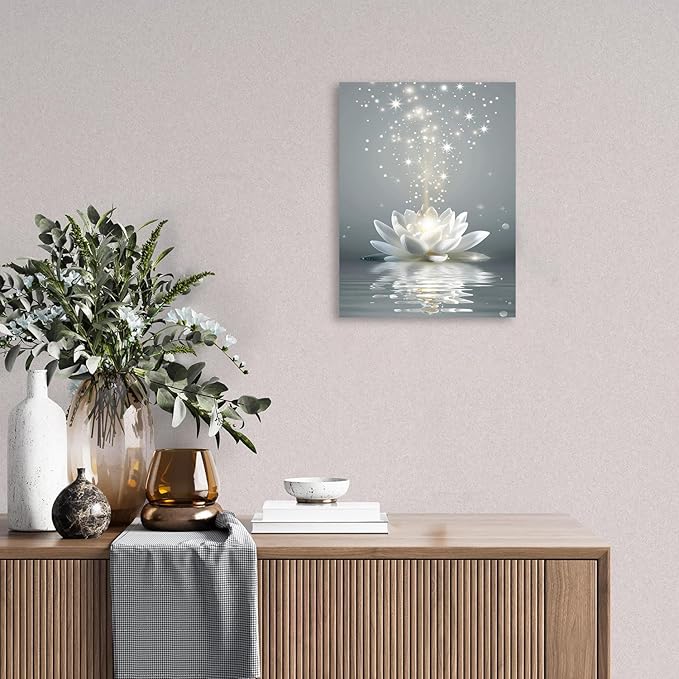 Ypxzzj Framed White Lotus Flower Wall Art for Living Room, Zen Canvas Wall Art for Yoga Bedroom,Meditation Spiritual Wall Decor Print for Bathroom Study Room Ready to Hang (12''x16'')