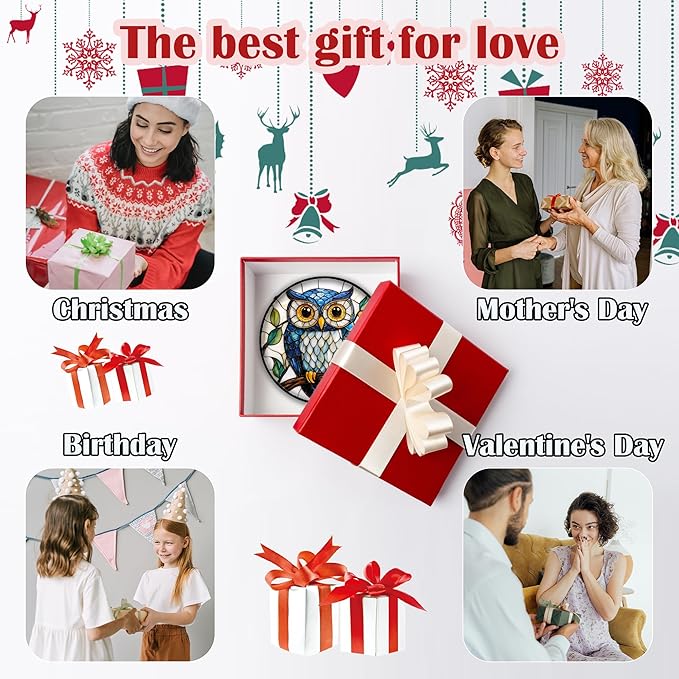 Stained Glass Window Hanging, Owl Gifts for Women Sun Catchers Diamond Glass Panel Hangings Birds Suncatcher Decor for Birthday for Women, Men, Wife, Aunt, and Mom 6.3 in