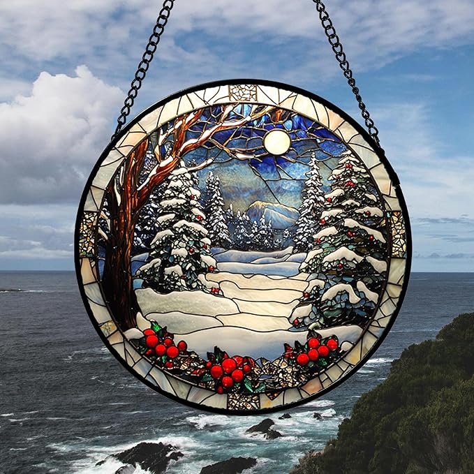 Stained Glass Window Hanging Christmas Tree Winter Snow Night Scenery Large 14.9" - Suncatcher Door Garden Kitchen Sun Catcher Home Decor Birthday for Mom Men Woman Friend