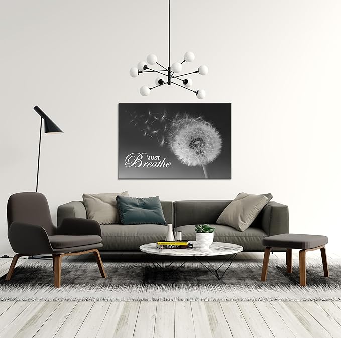 SKASNFAI Just Breathe Wall Art Zen Office Wall Decor Inspirational Yoga Quotes Positive Relax Artwork Picture Black and White Dandelion Posters Print for Meditation Room (24L x 36W)