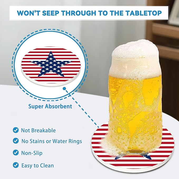 American Stars & Stripes Coasters Set of 4, Round 4" Absorbent Ceramic Stone Coasters with Cork Base, Ideal Table Home Decor & Gifts