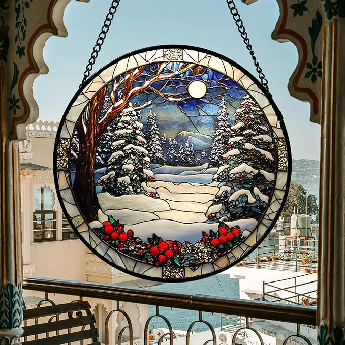 Stained Glass Window Hanging Christmas Tree Winter Snow Night Scenery Large 14.9" - Suncatcher Door Garden Kitchen Sun Catcher Home Decor Birthday for Mom Men Woman Friend