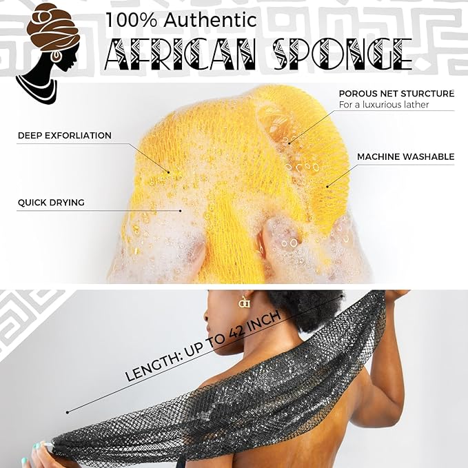 African Net Sponge Authentic - 2 Pieces Exfoliating Body Scrubber Bath Sponge York&Slate - Back Scrubber Washcloth for Shower - Real African Scrub Exfoliator Body Care Bathing Accessorie