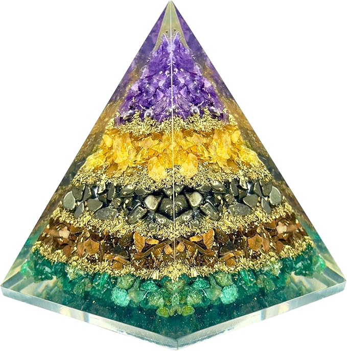 Money Magnet Pyramid with Amethyst, Citrine, Pyrite & Tiger Eye Stones โ Crystal Healing Pyramid for Wealth, Abundance, Positive Energy, Reiki, Meditation & Home Dรฉcor