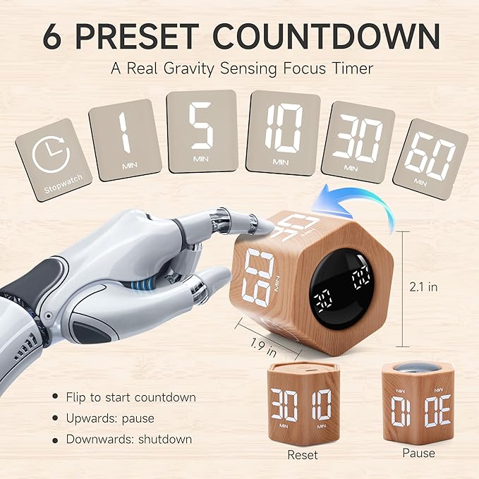 Productivity Timer 1, 5, 10, 30, 60 Minutes Preset, Desk Cube Timer with Gravity Sensor/Mute/Vibration for ADHD, Work, Study, Kitchen, Back to School (1, Wood Grain)